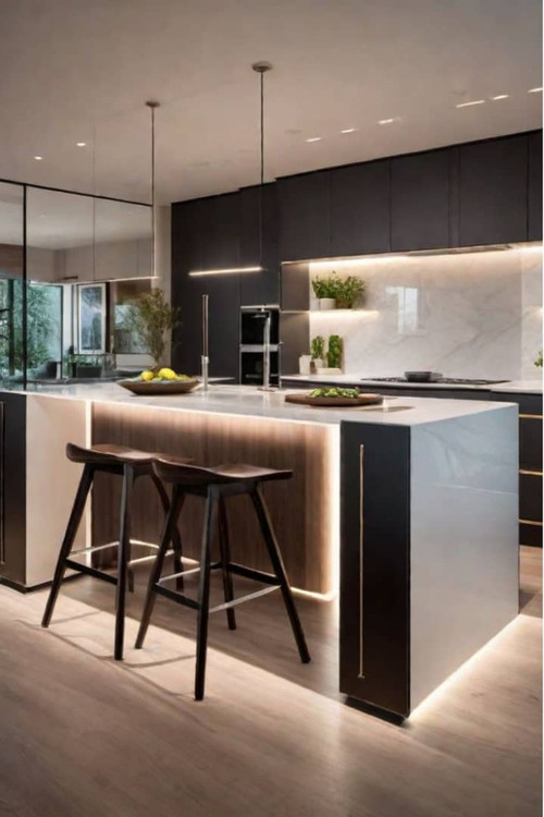 جزیره آشپزخانه لایــتورا با صفحه واترفال سفید و نور مخفی در پیشانی چوبی