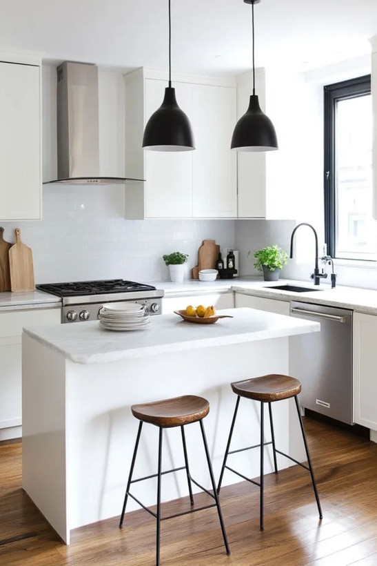 جزیره آشپزخانه مــارِبلا با صفحه مرمر سفید و دو صندلی بار در فضای روشن مینیمال